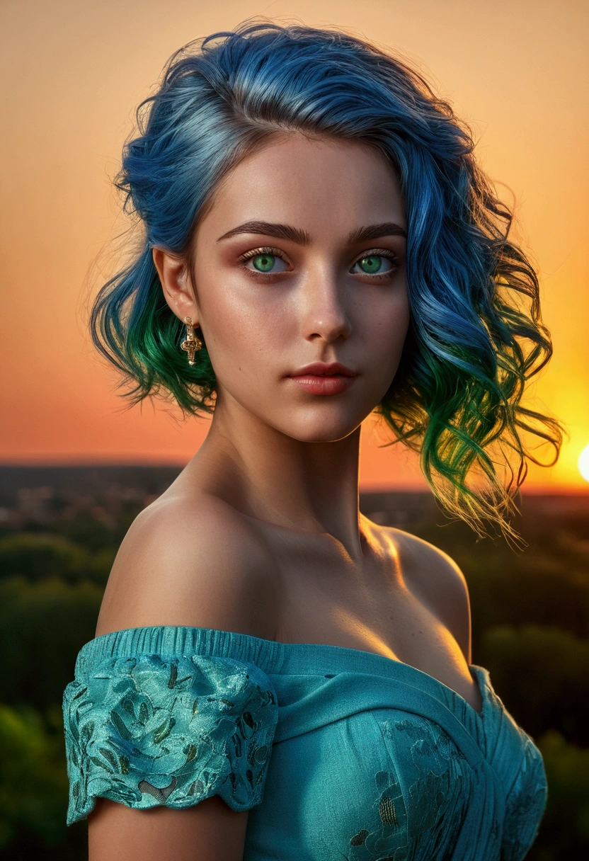 Highest quality, masterpiece, Ultra-high resolution, (realism: 1.4), Original photo, One girl, Green Eyes, Off the shoulder, Cinema Lighting, Blue Hair, At sunset