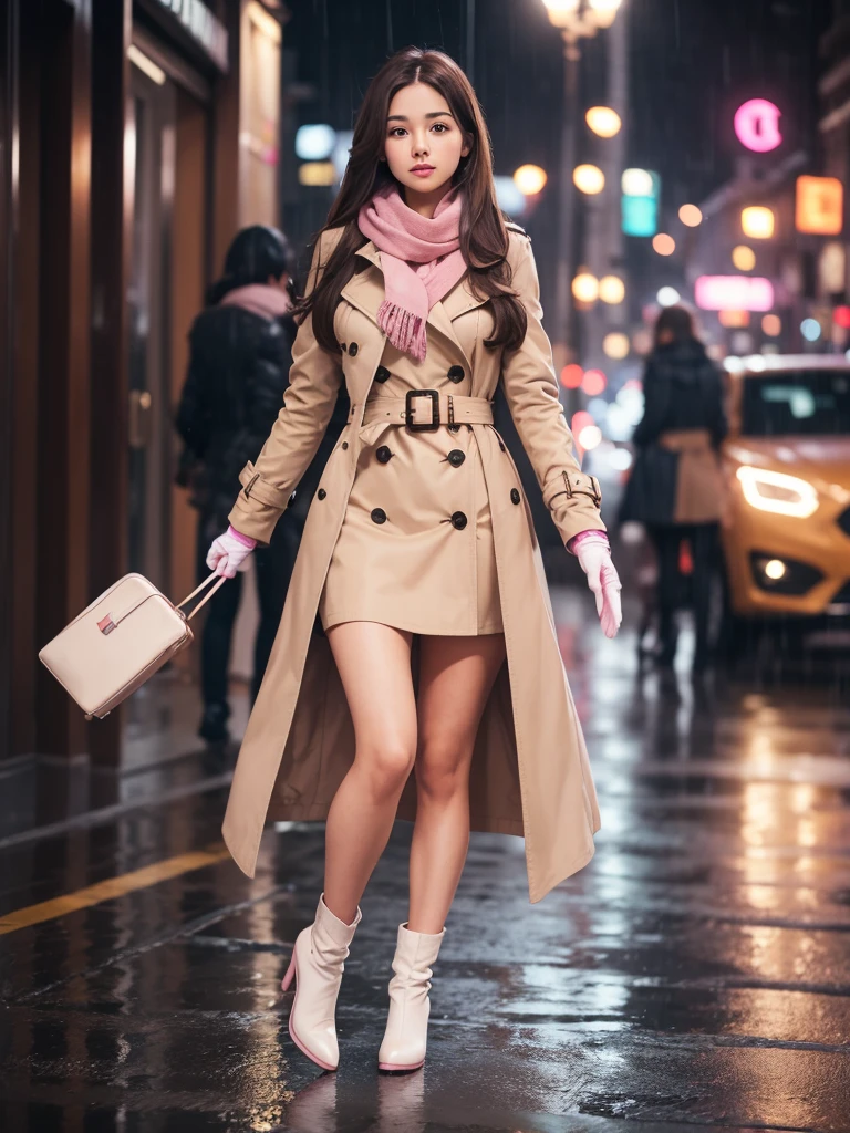 1girl with long brown hair wearing a fully buttoned up and belted buckle beige trench coat with a large pink winter wool scarf and white gloves at the hard rainy night city street full body 8k