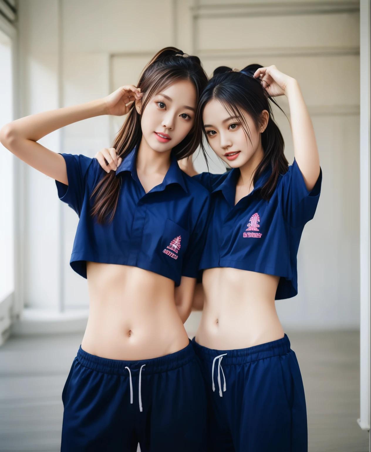 3 girls in fitness center, Navy blue short-sleeved shirt,Navy Long Trackpant,Sweatpants, Sweatpantsขายาว,25 year old girl, lesbian, sexy, exercise clothes, wet body, exercise clothes