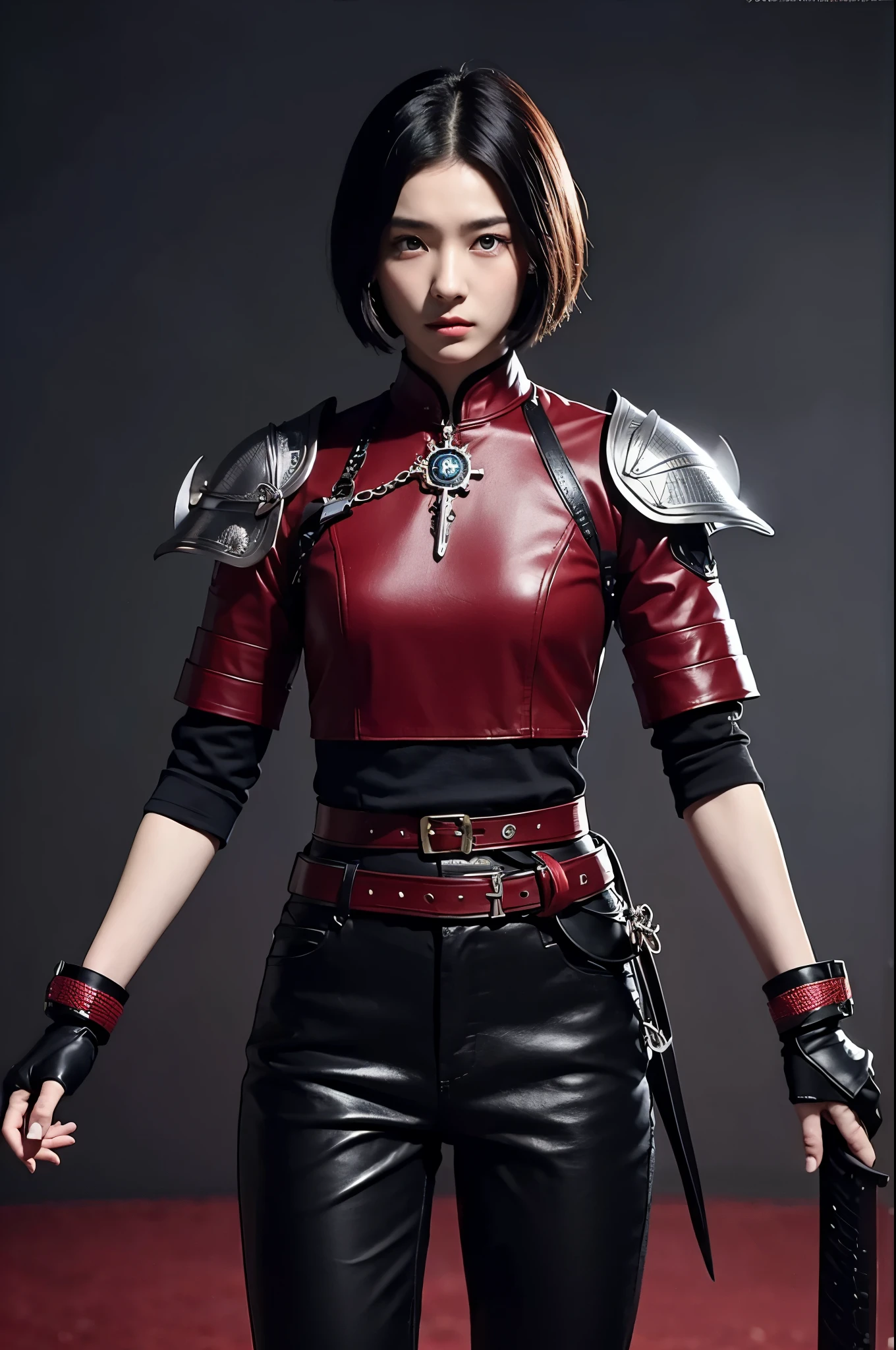8k、alone、A 16-year-old androgynous beauty,Super Beauty(Like the real thing),Iris,super beautiful ager,Black short bob hair,Black and red samurai armor,Black trousers(Devil's Crest),Golden decoration,A long and large Japanese sword,Demon Slayer: Androgynous Beauty,What's left behind,A wonderful work of art、Wind effects:1.9、Cloud Effect:1.2、Full Rendering、Caustic soda coating、Unreal Engine、1 Japanese sword,Innocent look,Cool androgynous beauty,Ultra-high resolution,super 超Realistic Skin,Ultra-precise hand-crafted detailing,1Japanese sword and book,smile,Photorealistic RAW photos of the highest quality。Backlight, Cinema Lighting, Film Grain, to be born, 50mm lens, Nikon D850,Realistic Skin,Fantasy art,Character Art,Ultra-high resolution,Muscular and slim body,Muscular and lean lower body,Precise facial details,What's left behind,Perfect hands,Cool sexy beauty,landscape,Red Gauntlet(Devil's Crest),Red shoulder blade(Devil's Crest),A lot of thick red smoke(largely),Ultra-realistic smoke,Extremely ripped abs,Muscular Beauty,Large Breasts,Sexy Exterior,