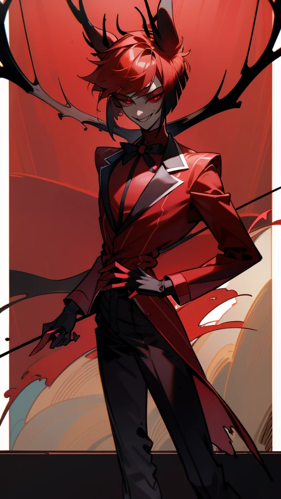 1 boy, man, perfect anatomy, mesmerizing red eyes, antlers, 8k resolution, (one person), red suit, (realism: 1.2), (masterpiece: 1.2), (cowboy frame: 1.2), dark romantic lighting, (high detail: 1.2), (detailed face: 1.2), (full body shot: 1.2), (gradients), bright, detailed eyes, (natural light: 1.2),solo, hotel, indoors, perfect lighting, (black lips), vampire fangs, deer ears, red jacket, red eyes, perfect facial features, perfect angle, perfectly drawn eyes, man, smile, full-length, unbuttoned shirt, skinny
