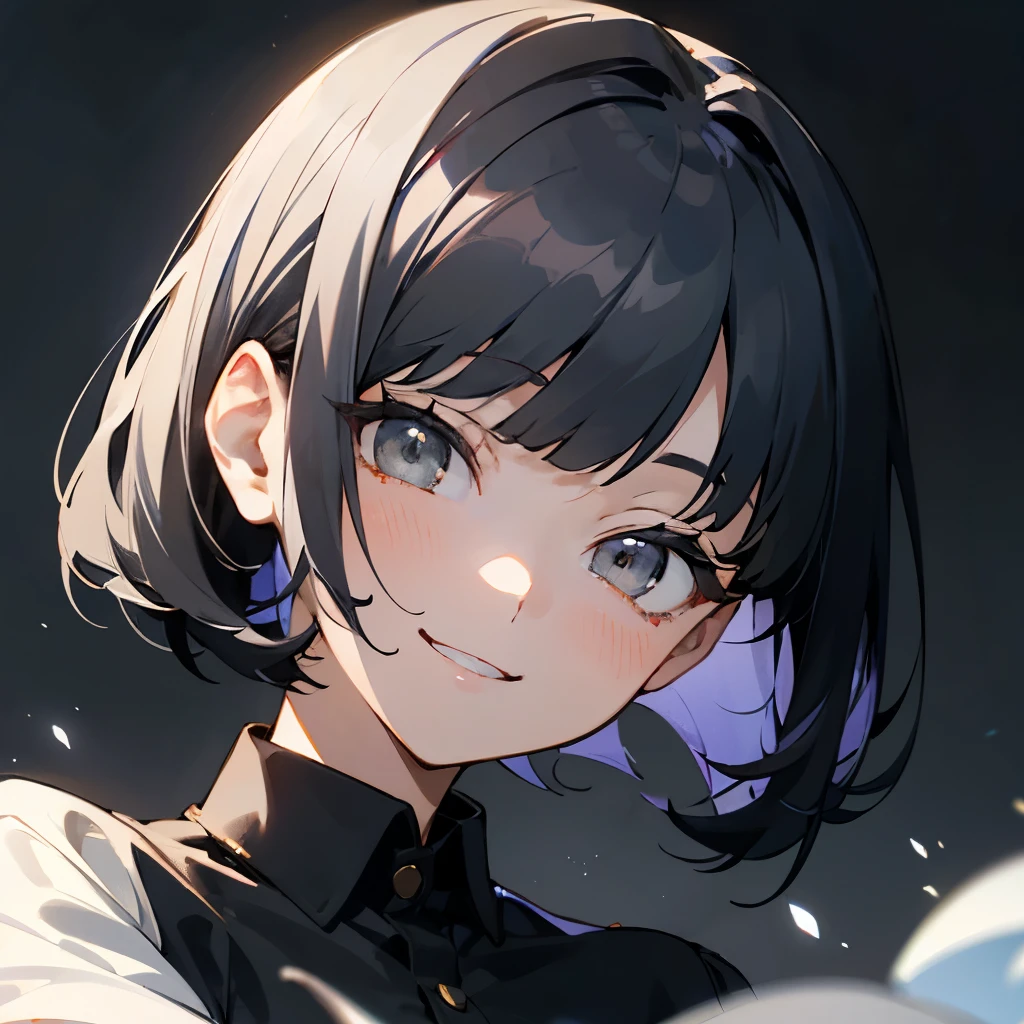 Anime Style、girl、Black Hairボブ、White Eyes、white iris、Black Shirt、long eyelashes、Character portrait、front、vtuber、smile、The background is achromatic、Greyish-white eyes、Light gray eyes、Black Hair、Bob Hair、The eyebrows are thin、See-through bangs、front、Character portrait