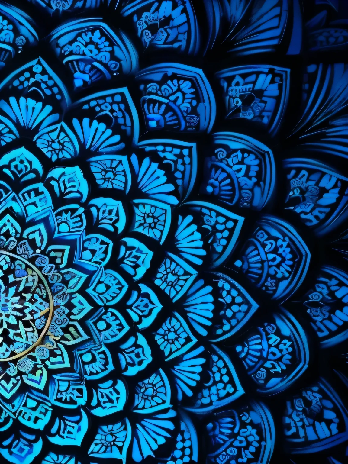 Close up of blue and black flowers on a black background, Mandala art, phone wallpaper. complex, Mandala, complex details painting, Mandalas, insanely complex, ultra complex, Stunningly detailed digital art, Mandala ornament, super complex, complex tapestry, digital complex art, Extremely detailed art, ultra Detailed digital art, Detailed", Detailed digital art