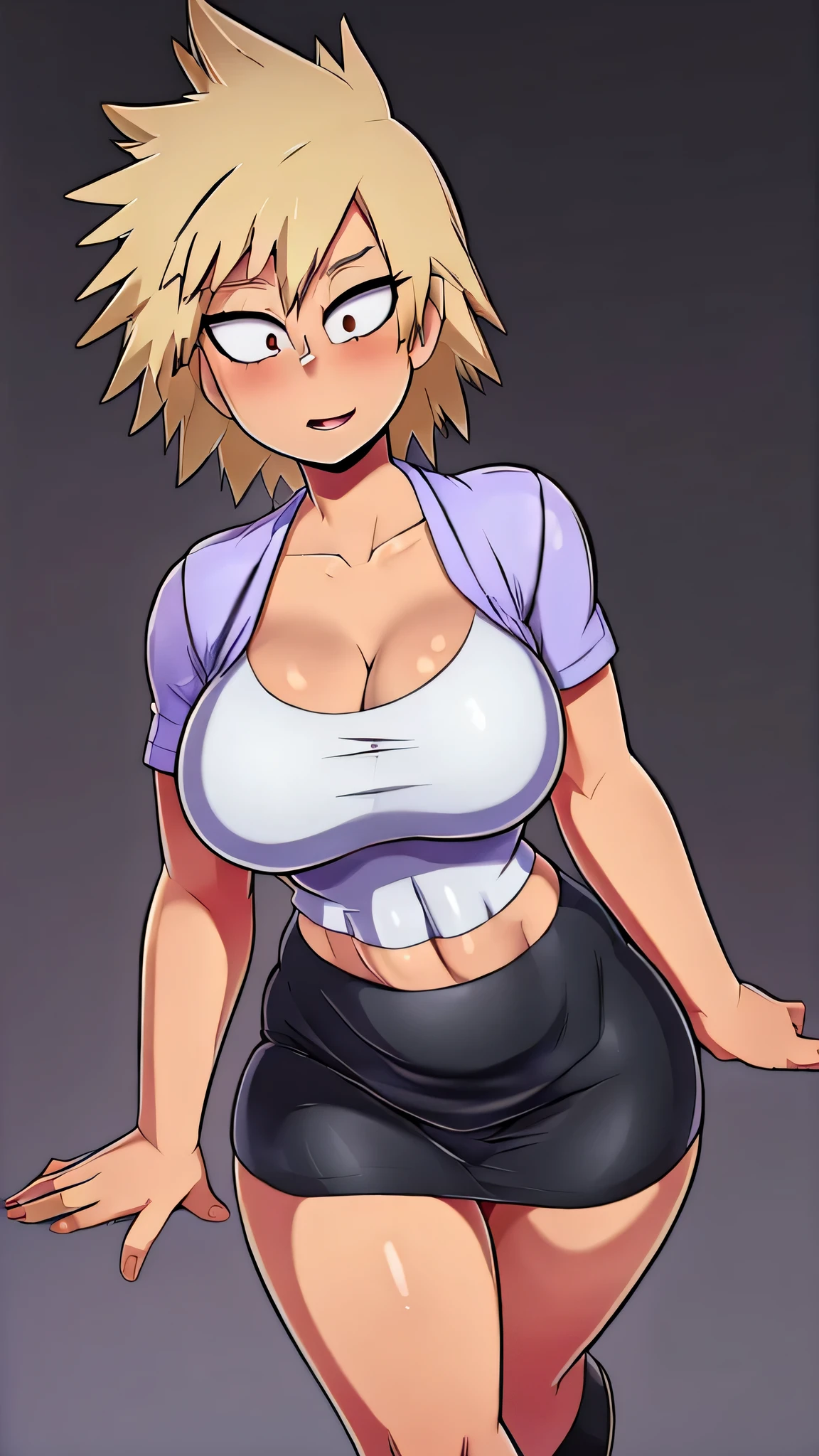  A cute big breasted sexy woman beautiful ash blonde hair round short messy cut her slanted orange eye wears a white blouse under a simple purple shirt and a tight black skirt black heels