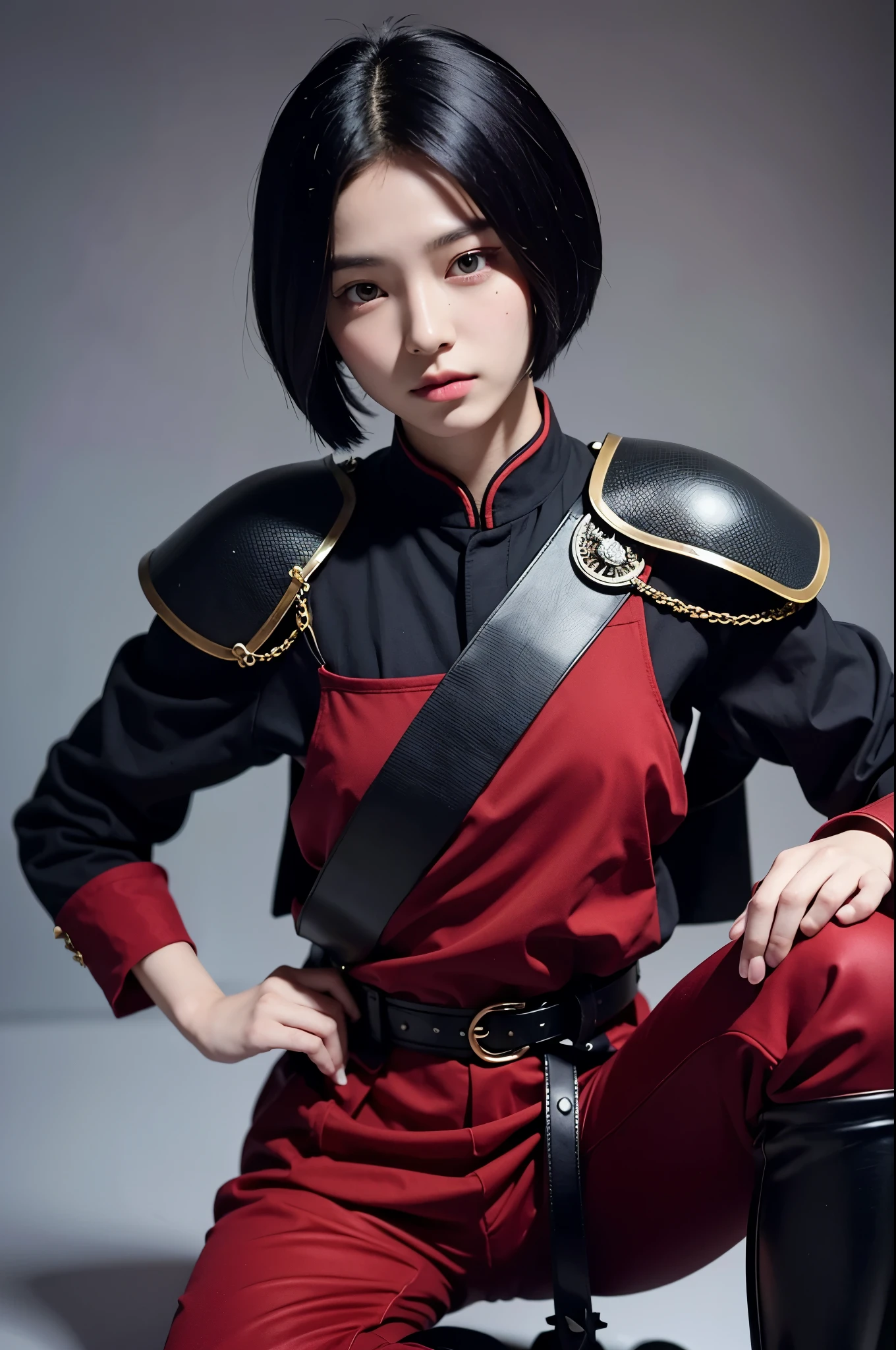 8k、alone、A 16-year-old androgynous beauty,Super Beauty(Like the real thing),Iris,super beautiful teenager,Black short bob hair,Black and red samurai armor,Black trousers(Devil's Crest),Golden decoration,A long and large Japanese sword,Demon Slayer: Androgynous Beauty,What's left behind,A wonderful work of art、Wind effects:1.9、Cloud Effect:1.2、Full Rendering、Caustic soda coating、Unreal Engine、1 Japanese sword,Innocent look,Cool androgynous beauty,Ultra-high resolution,super 超Realistic Skin,Ultra-precise hand-crafted detailing,1Japanese sword and book,smile,Photorealistic RAW photos of the highest quality。Backlight, Cinema Lighting, Film Grain, to be born, 50mm lens, Nikon D850,Realistic Skin,Fantasy art,Character Art,Ultra-high resolution,Muscular and slim body,Muscular and lean lower body,Precise facial details,What's left behind,Perfect hands,Cool sexy beauty,landscape,Red Gauntlet(Devil's Crest),Red shoulder blade(Devil's Crest),A lot of thick red smoke(largely),Ultra-realistic smoke,Extremely ripped abs,Muscular Beauty,Very large breasts,Sexy Exterior,Wide open chest,