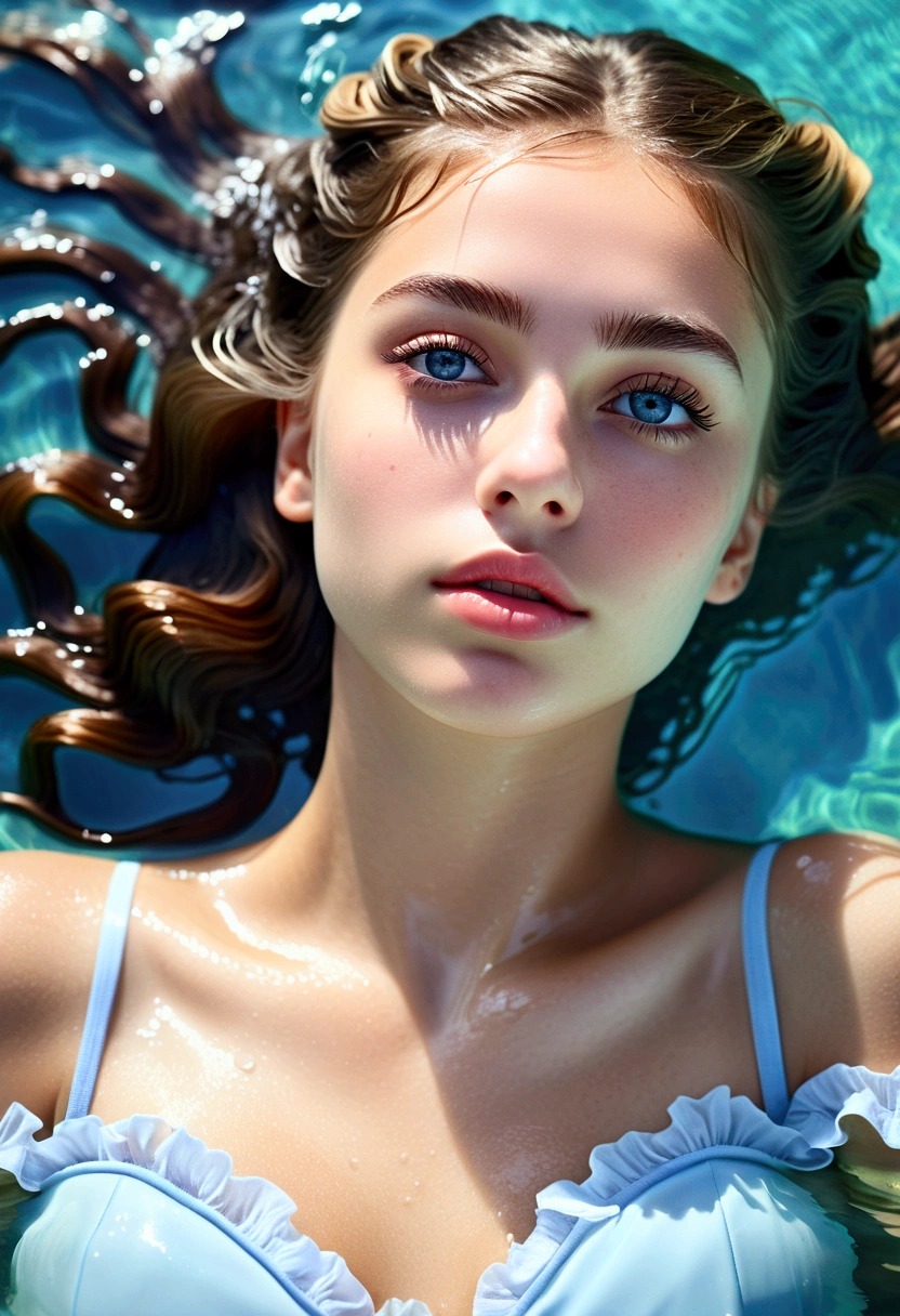 1girl, beautiful detailed eyes, beautiful detailed lips, very detailed face and pupils, long eyelashes, wearing a frilly off-shoulder top, lying down in clear blue shallow water, relaxing_wet hair, wet face and body, gentle waves, reflection in the water, (Torso above waist_aerial shot low angle focus), surreal concept (highest quality, 4k, 8k, high resolution, masterpiece: 1.2), very detailed, (realistic, photorealistic, photorealistic: 1.37), natural light, soft lighting, Calm atmosphere, dreamy, ethereal, serenity, quiet