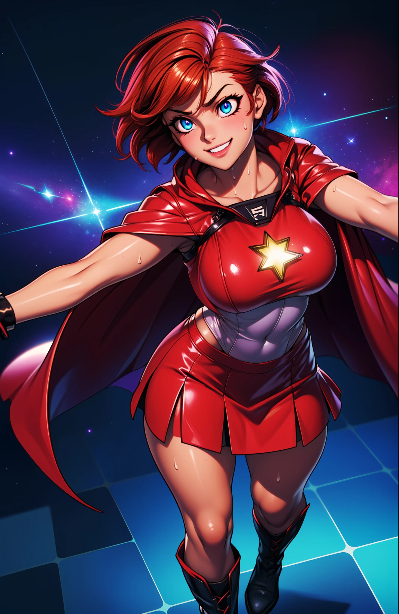 better fist, hand, Digital painting of flying fresh girl with royal white mixed red middle short hair, super hero, muscle girl, highschool skirt, pose, fist up, 1knee up, ((from above)), Behance Contest Winner, afrofuturism, Synthwave, neon, glowing neon, ((sagging massive breasts)), cape, boots, sweat, glossy silky skin, smile, in space, Surrounded by a shining aura. Outer space background, Severe. masterpiece, Highest quality, employment. Diffraction Spikes, Particles of light.
