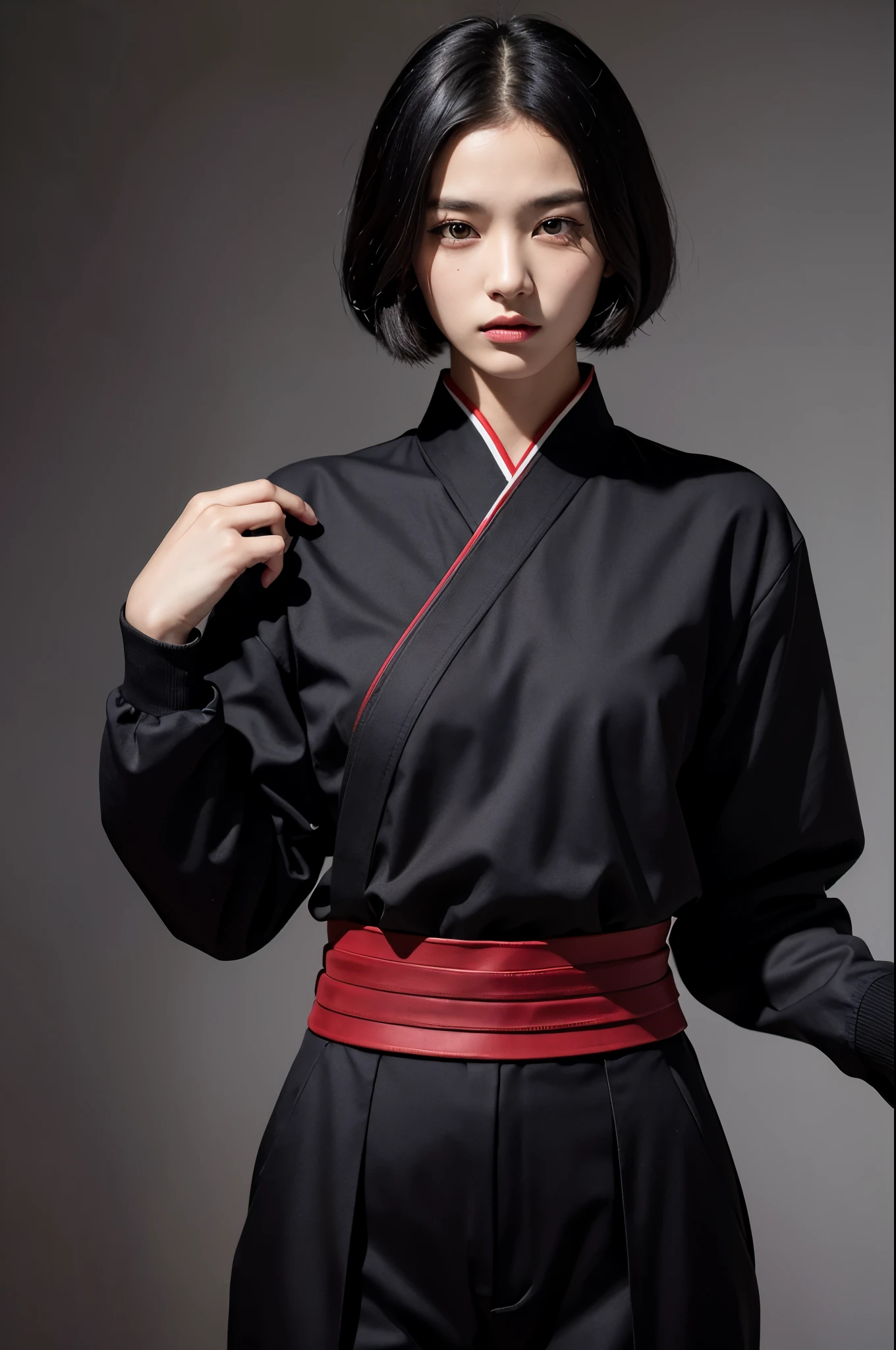 8k、alone、A 16-year-old androgynous beauty,Super Beauty(Like the real thing),Iris,super beautiful teenager,Black short bob hair,Black and red samurai armor,Black trousers(Devil&#39;s Crest),Golden decoration,A long and large Japanese sword,Demon Slayer: Androgynous Beauty,What&#39;s left behind,A wonderful work of art、Wind effects:1.9、Cloud Effect:1.2、Full Rendering、Caustic soda coating、Unreal Engine、1 Japanese sword,Innocent look,Cool androgynous beauty,Ultra-high resolution,super 超Realistic Skin,Ultra-precise hand-crafted detailing,１Japanese sword and book,smile,Photorealistic RAW photos of the highest quality。Backlight, Cinema Lighting, Film Grain, to be born, 50mm lens, Nikon D850,Realistic Skin,Fantasy art,Character Art,Ultra-high resolution,Muscular and slim body,Muscular and lean lower body,Precise facial details,What&#39;s left behind,Perfect hands,Cool sexy beauty,landscape,Red Gauntlet(Devil&#39;s Crest),Red shoulder blade(Devil&#39;s Crest),A lot of thick red smoke(largely),Ultra-realistic smoke,Extremely ripped abs,Muscular Beauty,Large Breasts,Sexy Exterior,
