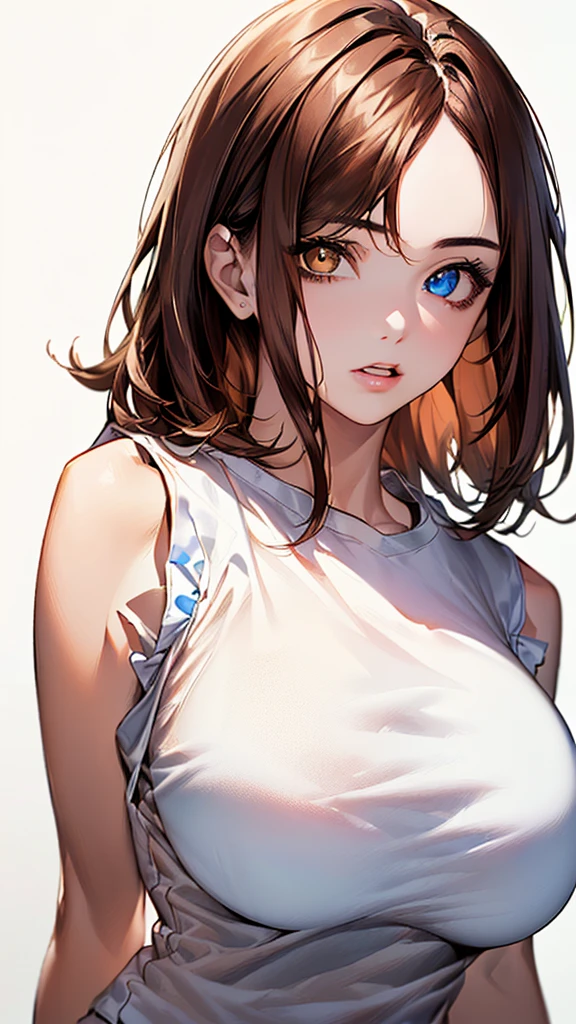 Highest quality, Realistic, 8k, High resolution, 1 girl, woman, (Skin dents), (Portraiture: 0.6), Nice, (White Background: 1.82)), ((Big round breasts, Sleeveless white T-shirt: 1.75)), Straight viewers: 1.8, (1 girl Eyes, Medium length hair, Brown Hair, Parted bangs : 1.65), Realistic, Nice