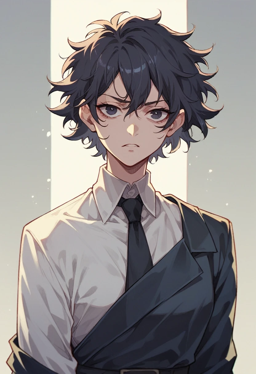 An anime girl has messy hair with white and black colours. Her left eye is black and her right eye is white, she wears morden detective clothes