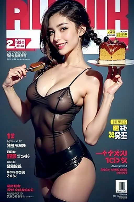 (small breasts:1.2), (perky chest:1.2), (pointed chest:1.2), (Pudding cake magazine cover:1.3),(from above:1.0),(shoot from the side:1.1),masterpiece, 1girl, Amazing Cleavage:1.1, thin waist, optimum,tmasterpiece,hight resolution,best qualtiy,hyper HD,super detailing,awardwinning,a 18yo cute girl,(The upper part of the body),anatomy correct,Beautiful Black miniskirt,garters,Gaze,Small face,bangss,holster,Beautuful Women,hands up,leg holster,Gaze,black boots,Cowboy Shot,cute face,a blond,Longhaire,Twin-tailed,Braids, Hairline,(scarlet eyes),long eyelasher,Hanging eye corners,White skin of the, ((see through camisole:1.1)), ((Sheer nipples:1.0)),Rocket Tits,(Slim body),smile,seductive weak smiling,(with sparkling eyes and a contagious smile),little open mouth, Looking at Viewer,