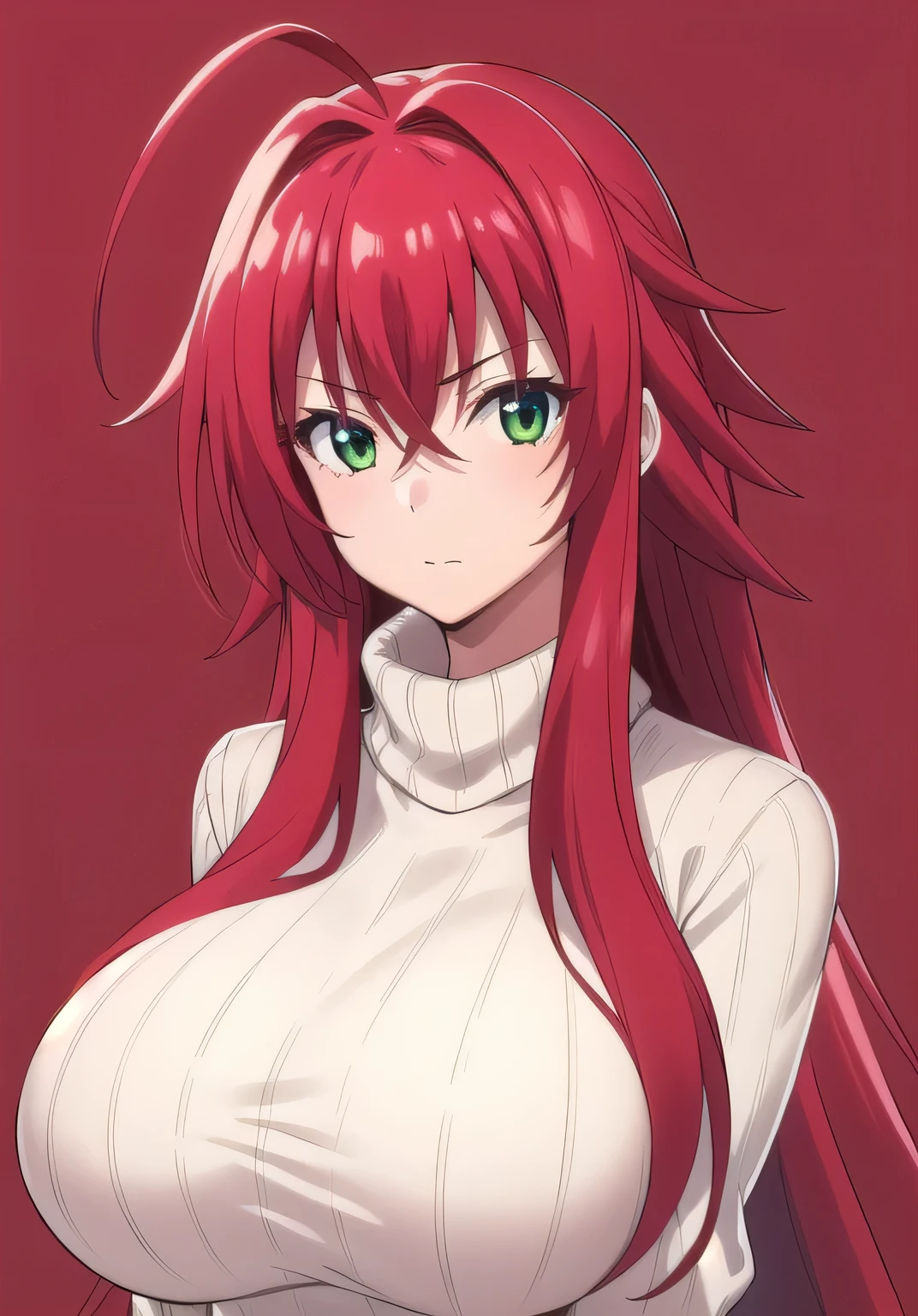 1girl, turtleneck sweater, rias gremory, huge ahoge, long hair, hair between eyes, green eyes, red hair, simple background, upper body, looking at viewer,