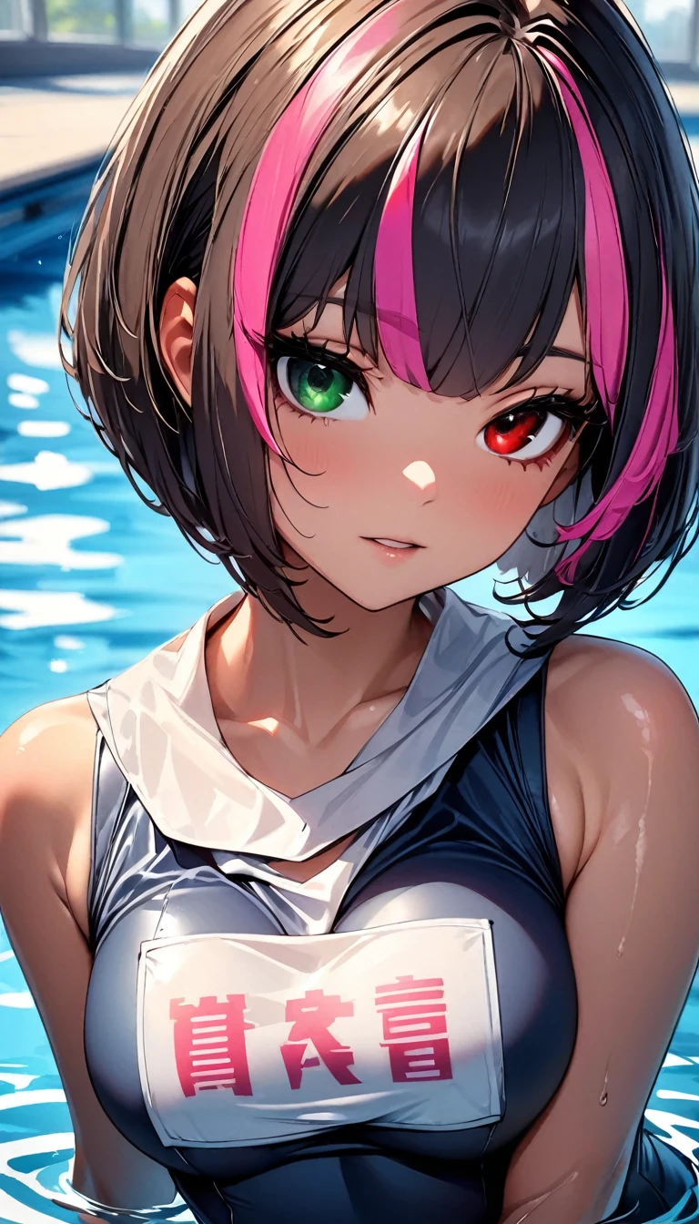 (highest quality:1.2, Very detailed, up to date, Vibrant, Ultra-high resolution, High Contrast, masterpiece:1.2, highest quality, Best aesthetics), Portraiture、girl、solo, (25-years-old:1), slim, , heterrochromia, green eye, red eye, Bright colors、Beautiful fine details、Beautiful lip detail、extra short hair, ((bob cut:1.5))、pink and purple, ((streaked hair:1.9)), (highlights hair: 1.6), (small breast:0.4), (wearing school swimsuit, (She has a white bib with her name "MIKU" written in large letters on her chest.)), swimming, school pool,cowboy shot:1.3,
