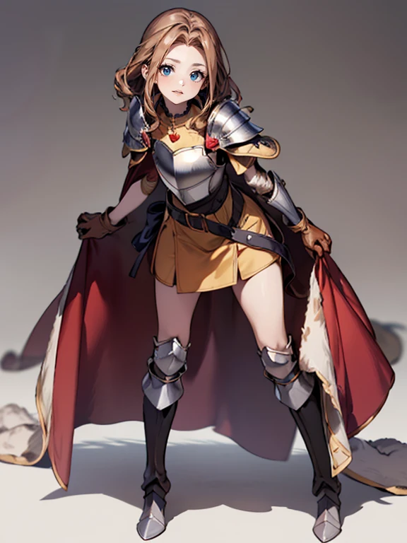 ((same character)),Imagine in a full-body image with full 4K quality, ultra detailed. a mature girl with a perfect curvy body, solo, small breasts, hip bones, perfect face, beautiful blue eyes, long brown hair styled in a drill hair style. She wears a beautiful short dress in green tones in a magical girl style, a leather armor (((""heart breastplate"")), leather shoulder pad, high-heeled leather boots, leather gloves, wide belt, knee pads, elbow pads, fur cape ). She stands with her legs apart on a gray background, her expression is loving with a loving, loving smile and tender gaze looking at the viewer.