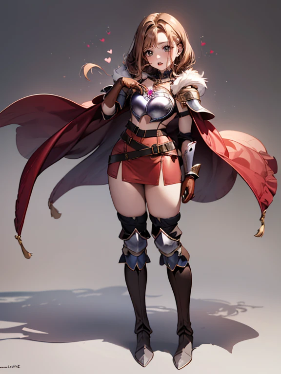 Imagine in a full-body image with full 4K quality, ultra detailed. a mature girl with a perfect curvy body, solo, small breasts, hip bones, perfect face, beautiful blue eyes, long brown hair styled in a drill hair style. She wears a beautiful short dress in green tones in a magical girl style, a leather armor (((""heart breastplate"")), leather shoulder pad, high-heeled leather boots, leather gloves, wide belt, knee pads, elbow pads, fur cape ). She stands with her legs apart on a gray background, her expression is loving with a loving, loving smile and tender gaze looking at the viewer.