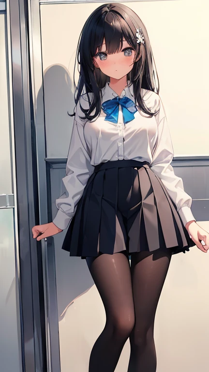 Solo, (1girl), single,  single, (((pink panties))), (((skirt lift))),  ((hold the skirt)),   school uniform,  Sexy,  standing, cowboy shot , girl with：With a girl standing in class_room、hair is black ,Tied with a ribbon。The face is round and cute。  ((Her hands are holding onto the skirt)) Overreaction：The girl's surprised expression was、Impossibly overreacting.、Drawn like a manga or anime。(crying), tearful, tears.