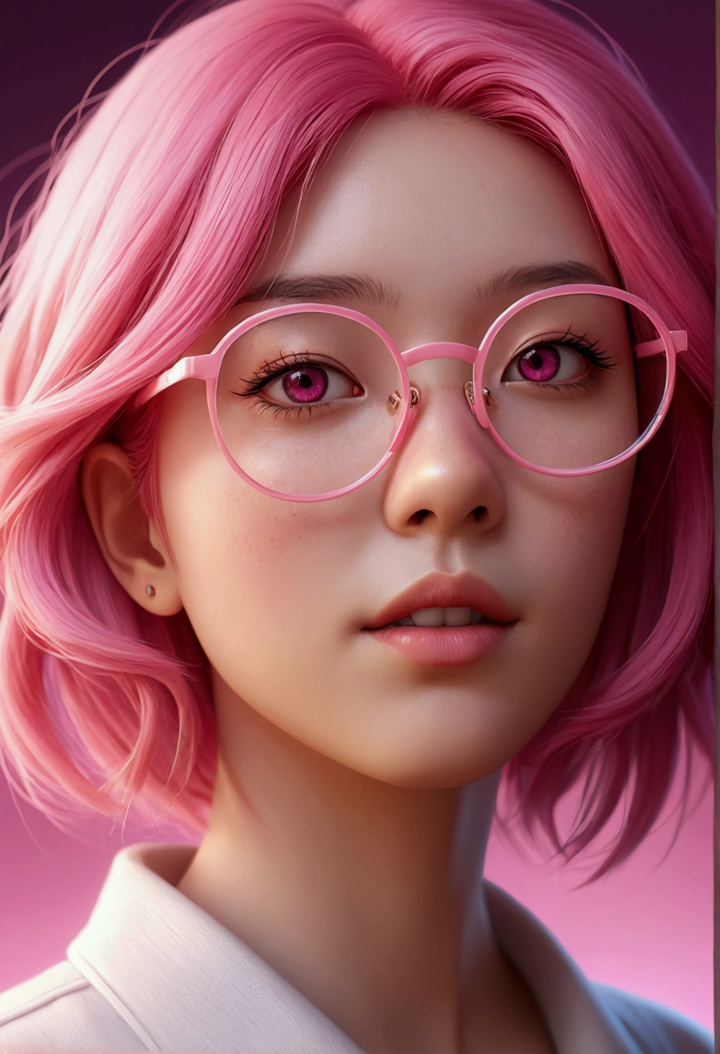 Close-up of a woman with pink hair wearing glasses, artwork in Gubes style, Gubes, Cute realistic portrait, inspired by Seihiko-kun, glowing pink face, pink girl, Beautiful anime portraits, pink glasses, glowing pink eyes, Realistic Anime 3D Style, Yanjun City, Realistic anime art style, ((pink)8k