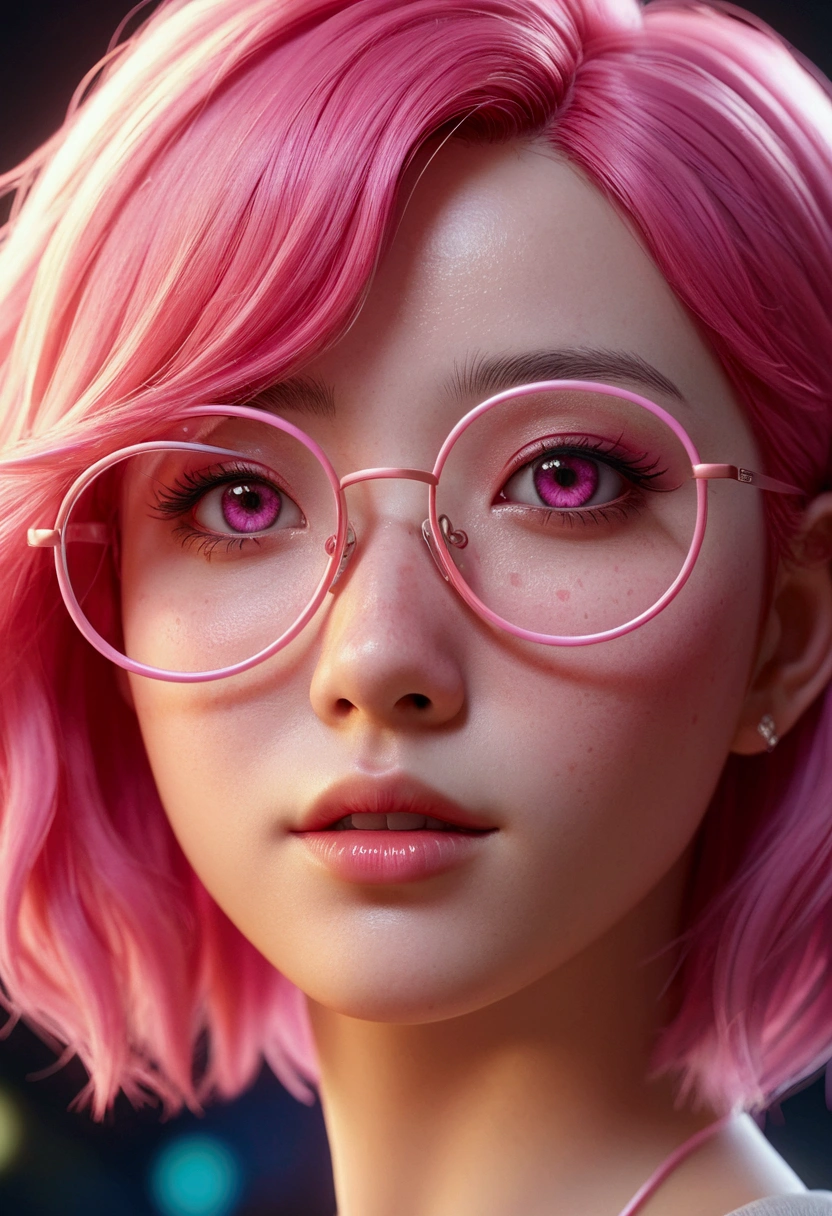 Close-up of a woman with pink hair wearing glasses, artwork in Gubes style, Gubes, Cute realistic portrait, inspired by Seihiko-kun, glowing pink face, pink girl, Beautiful anime portraits, pink glasses, glowing pink eyes, Realistic Anime 3D Style, Yanjun City, Realistic anime art style, ((pink)8k