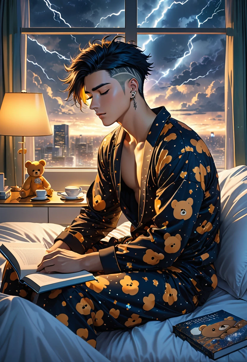 Handsome 25 year old anime male, sleeping atop his hospital bed/handsome male, face piercings, scars, short spiked black longish hair with a undercut, freckles, wearing honey bear print pajamas, luxurious futuristic expensive hospital room, a book sits on the side table, night time, storm raging outside window