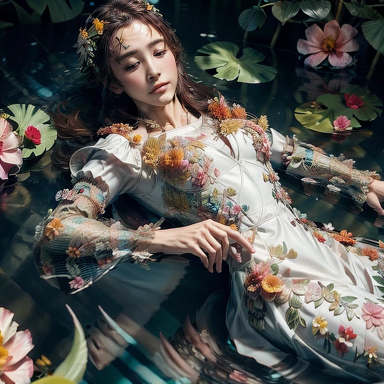 ((Ultra-Detailed (Ophelia:1.37))) with closed eyes, expressionless, lying on her back, (((Whole Body submerged, Only Upper Face above water Surface))) in a Pond, surrounded by petals, flowers, (((Extremely Detailed Stunning Face))) Sparkling Water , water flow, ((Details of under water White Dress))