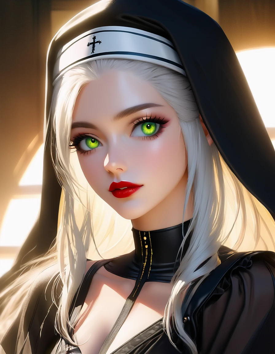 portrait photo of a gorgeous young woman, beautiful face Japanese girls, still from the film, ((solo)), (Anne Hathaway look alike face: 0.6), Rocker Nun, tattoos, crimson lips, white skin, pigtail hair, muscle body, (green glowing shiny eyes), dynamic background, painting style, beautiful detailed intricate insanely detailed octane render trending on artstation, 8 k artistic photography, photorealistic concept art.. The golden hour light bathes the scene in a warm, flattering glow, highlighting her flawless features. hyper realistic, Leica SL3, Summicron-SL 75 f/2 ASPH, kodak gold 200 film,