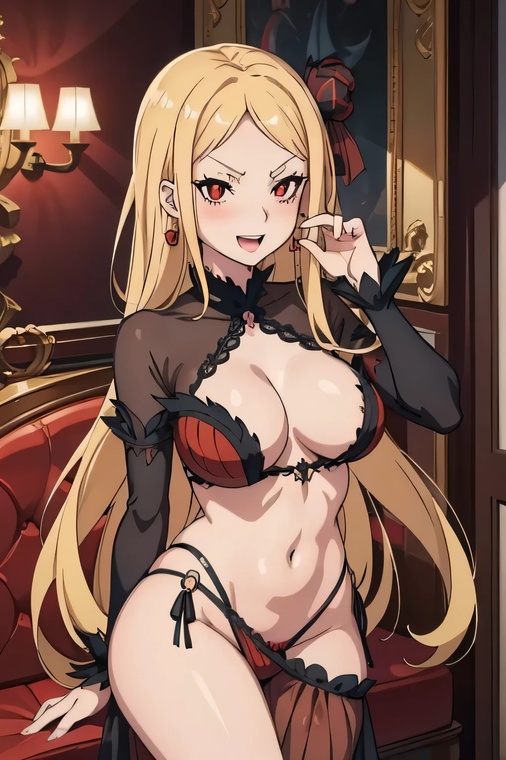 priscillabarielle, priscilla barielle, long hair, blonde hair, (red eyes:1.5), bangs,
lipstick, blush, Hot girls, baddie, staring, glaring, bad attitude, mean girl, crazy, smoking, sensual, attractive, masterpiece, best quality, highly detailed, a anime girls in long dress with navel cutout posing for a
picture, evil smile, smile, open mouth, (nsfw) not safe for work, revealing dress, beautiful dress center
opening , long dress with bellybutton showing, ecchi anime style, anime girls, ecchi style, ecchi, digital
anime art!!, in anime style, official artwork, visual novel cg, beautiful anime girl, anime style 4 k, exposed
navel, exposed bellybutton, jewelry, earrings, complex detailed background, casino environment, fancy
interior environment, rich interior,