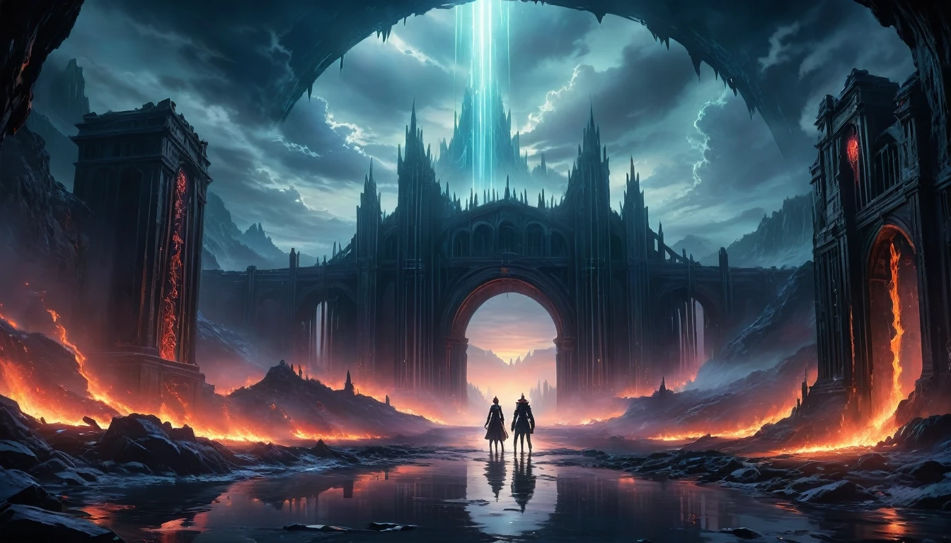 (anime, fantasy, hell gate), (masterpiece, best quality, highres, HDR:1.2), cold color palette, ominous atmosphere, underworld, haunting and mesmerizing, horrifyingly enchanting, ethereal beauty, unsettling, otherworldly, general shot, ethereal light, fantastical landscapes