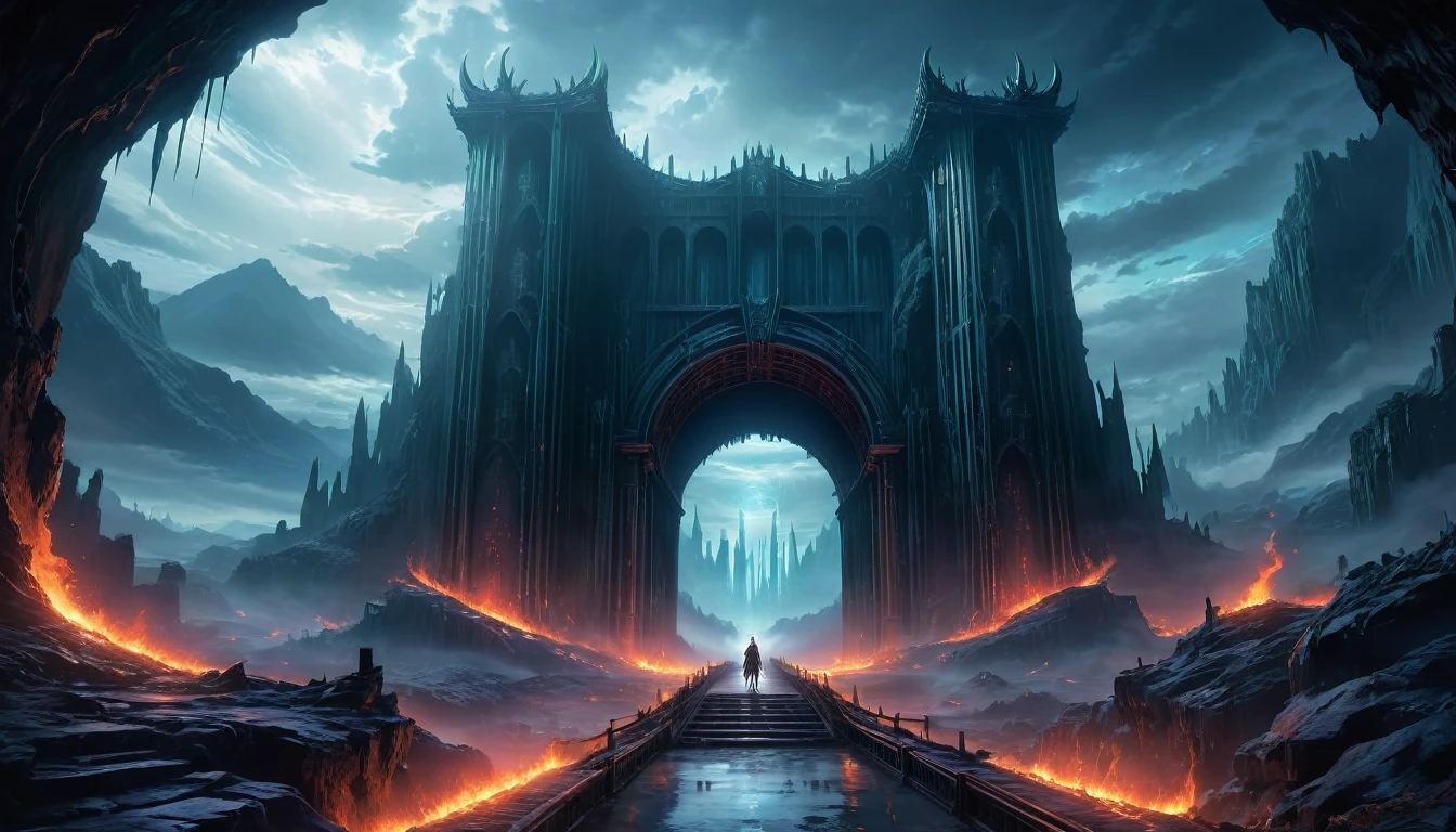 (anime, fantasy, hell gate), (masterpiece, best quality, highres, HDR:1.2), cold color palette, ominous atmosphere, underworld, haunting and mesmerizing, horrifyingly enchanting, ethereal beauty, unsettling, otherworldly, general shot, ethereal light, fantastical landscapes