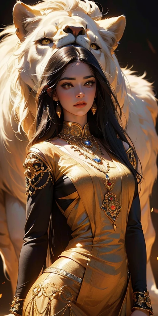 Create a hyperrealistic digital matte painting portraying a flawless, young woman with (long, flowing black hair:1.3) against a textured beige background. Rendered with intricate skin texture, sharp focus on facial features, and fluid, dynamic brushstrokes for hair and clothing. Her beauty is truly striking with her glossy, slightly parted lips and how her dark smokey eye makeup accentuates her (intense, sultry and alluring gaze:1.3) akin to 'bedroom eyes'. She is (barely wearing:1.2) a loosely undone, multicolored, (delicate silk robe:1.4) which has (seductively slipped off:1.3) half of her body, revealing her bare shoulder and (entire left breast:1.5) while the other remains (teasingly hidden:1.1). She adorns delicate jewelry, including earrings and a pendant necklace. The overall atmosphere arouses feelings of (sensuality, desire:1.4), and boldness in the viewer. Theme: A fusion of traditional femininity and natural beauty with artistic expression.