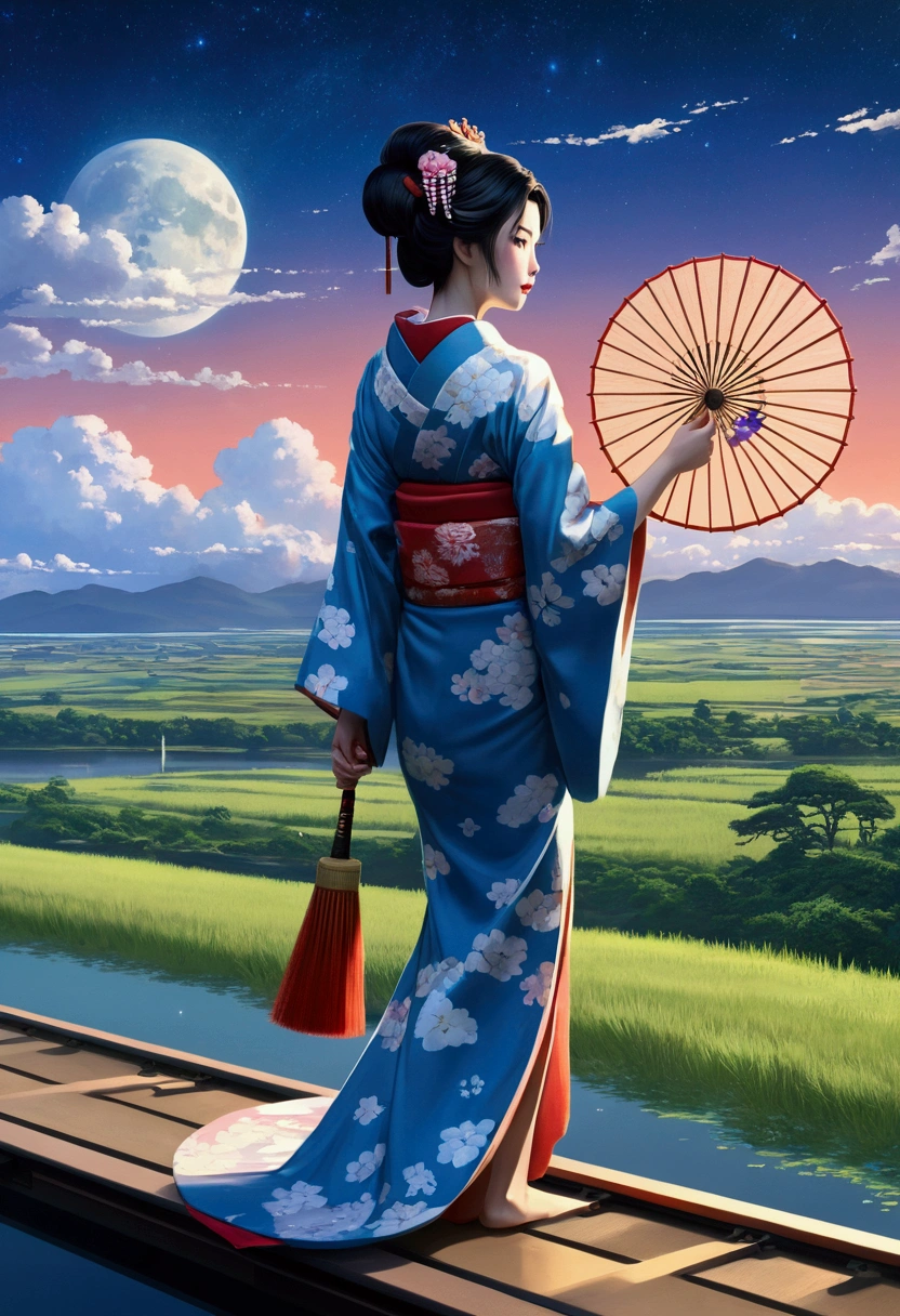 High quality masterpiece, landscape, cloud, Animated train passing through a body of water on distant tracks, Bright starry sky. Traveler, Romantic Light, Pixiv, Concept Art, Lofi Art Style, reflection. Makoto Shinkai, Roffie Art, Beautiful anime scene, アニメのlandscape, 詳細なlandscape — 幅 672, Makoto Shinkai's Style, Makoto Shinkai's Style, Enhanced Details. change, Leprechaun,A woman in a kimono holding a folding fan and a uchiwa fan, Traditional Japanese, Japanese style, Japanese Goddess, glamorous and sexy geisha, japanese geisha, Traditional beauty, in kimono, geisha, beauty geisha, Inspired by Fujiwara Takanobu, traditional geisha clothing, geisha makeup, organic seductive geisha, geisha make up