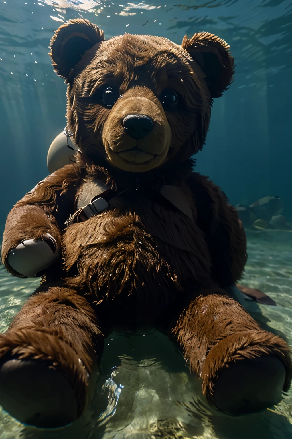 Teddy bear is missing an ear and is underwater