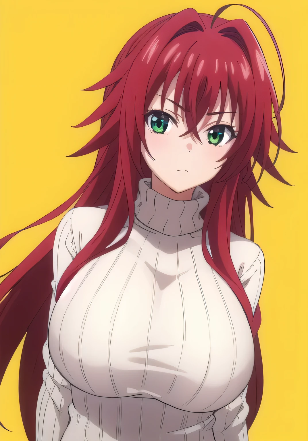 1girl, turtleneck sweater, rias gremory, huge ahoge, long hair, hair between eyes, green eyes, red hair, simple background, upper body, looking at viewer,