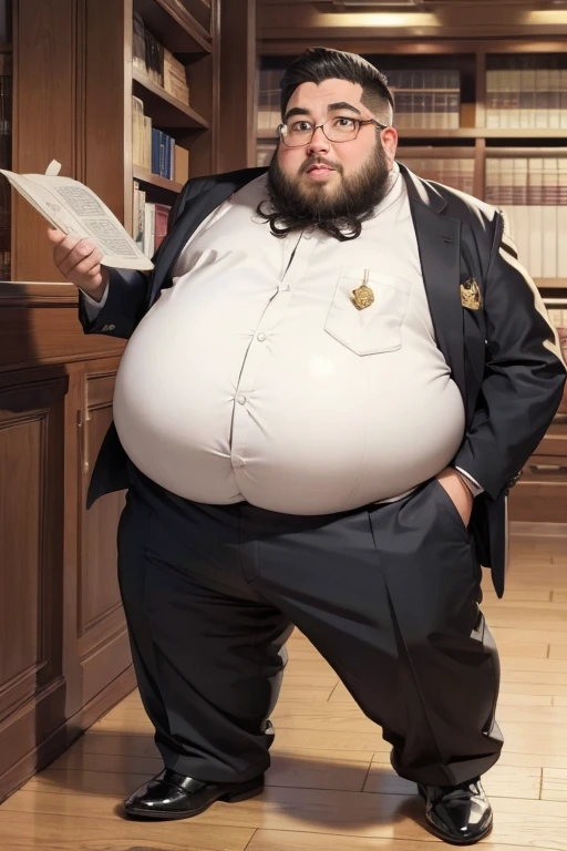 male, alone, (Yossan), beard, Glasses, (Are fat), (lawyer), suit, Court, trial, Legal Book, document, Court内, Tension, justice, Serious expression、Exaggerated poses、Exaggerated attitude, full body