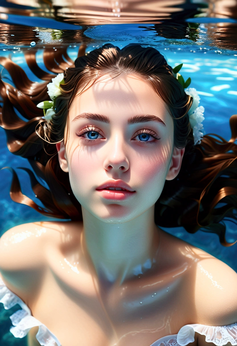 1girl, beautiful detailed eyes, beautiful detailed lips_Soft smile, very detailed face and eyes, long eyelashes, wearing frilly off-shoulder, lying down in clear blue shallow water, diving relax_Wet hair, wet face and body, gentle waves, water Reflected on, (full body shot_aerial shot low angle focus), surreal concept (highest quality, 4k, 8k, high resolution, masterpiece: 1.2), very detailed, (realistic, realistic, photorealistic: 1.37), natural light, Soft lighting, calm atmosphere, dreamy, ethereal, serenity, quiet