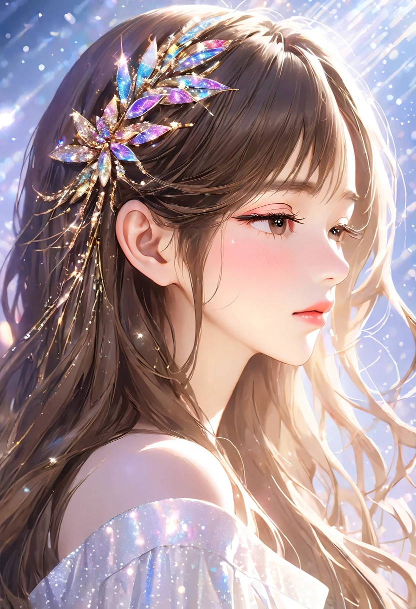 Close-up of the profile of a beautiful girl with long brown hair, closing her eyelids, not opening her eyes, completely closing her eyes, eyes closed, long eyelashes, white off-the-shoulder outfit, mature, made-up face, pretty, older woman, glitter eye makeup, Korean-style makeup, masterpiece, perfect hand shape