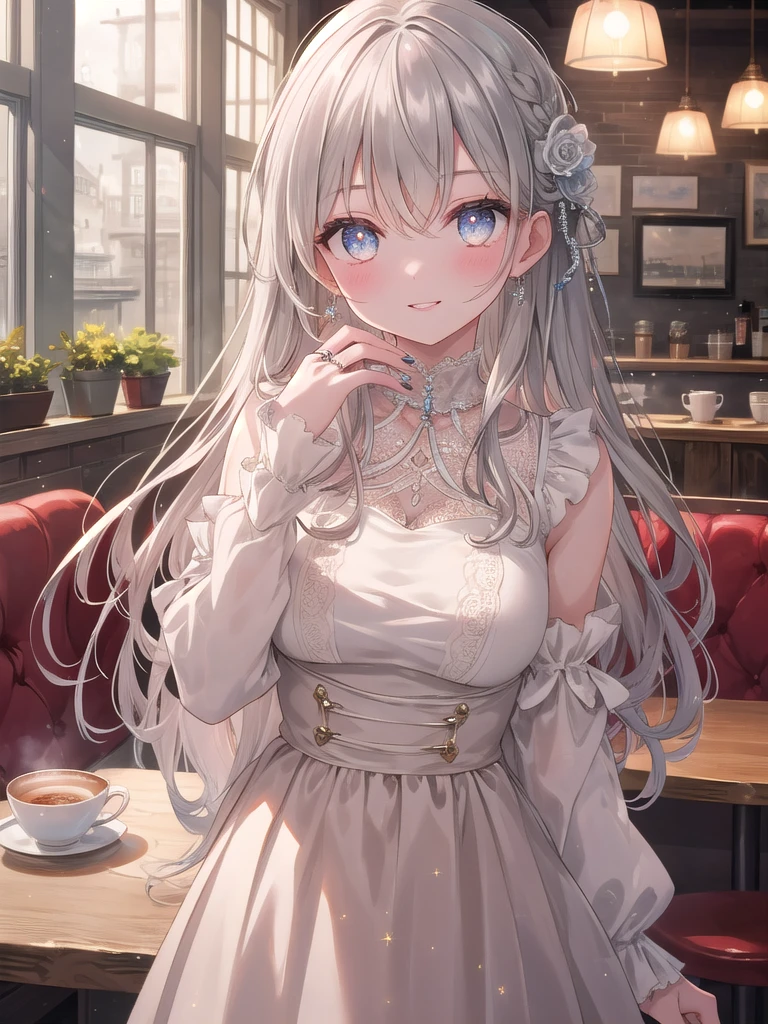 ((8k, best quality, master piece: 1.3)),super high resolution,(1 girl, solo), (colorshift eyes, hyperdetailed, expressive sparkling, glitter, glowing eyes), ultra detailed eyes, ultra-detailed face, random hair, ((silver gray color)),A scene of a pretty woman winking. The background is a blurred indoor cafe, with soft light shining through. She is wearing a gorgeous pink frilly dress, with lace and embroidery on the details of the dress. The camera is set at a bust shot so that her expression can be seen clearly. The woman's face is made up naturally, with soft pink lips and gloss. Her winking eye has delicate eyeliner and long eyelashes, while the other eye is wide open and sparkling. The smile she gives as she winks creates soft shadows on her cheeks, giving her face a three-dimensional look. Her hair is long with soft curls, and each strand of hair is drawn realistically. Her hair is brown, and the light hits it and makes it shine softly. The decorations and furniture of the cafe can be seen vaguely in the background, creating a warm atmosphere. The overall color palette is unified with warm colors, giving a gentle impression. A cafe latte is drawn in her hand, and the steam rising from the cup is depicted realistically. She has a cute ring on her finger, and even her nails are drawn in detail. The texture of her skin, the softness of the fabric of her dress, and the way the light hits her are all depicted in great detail.