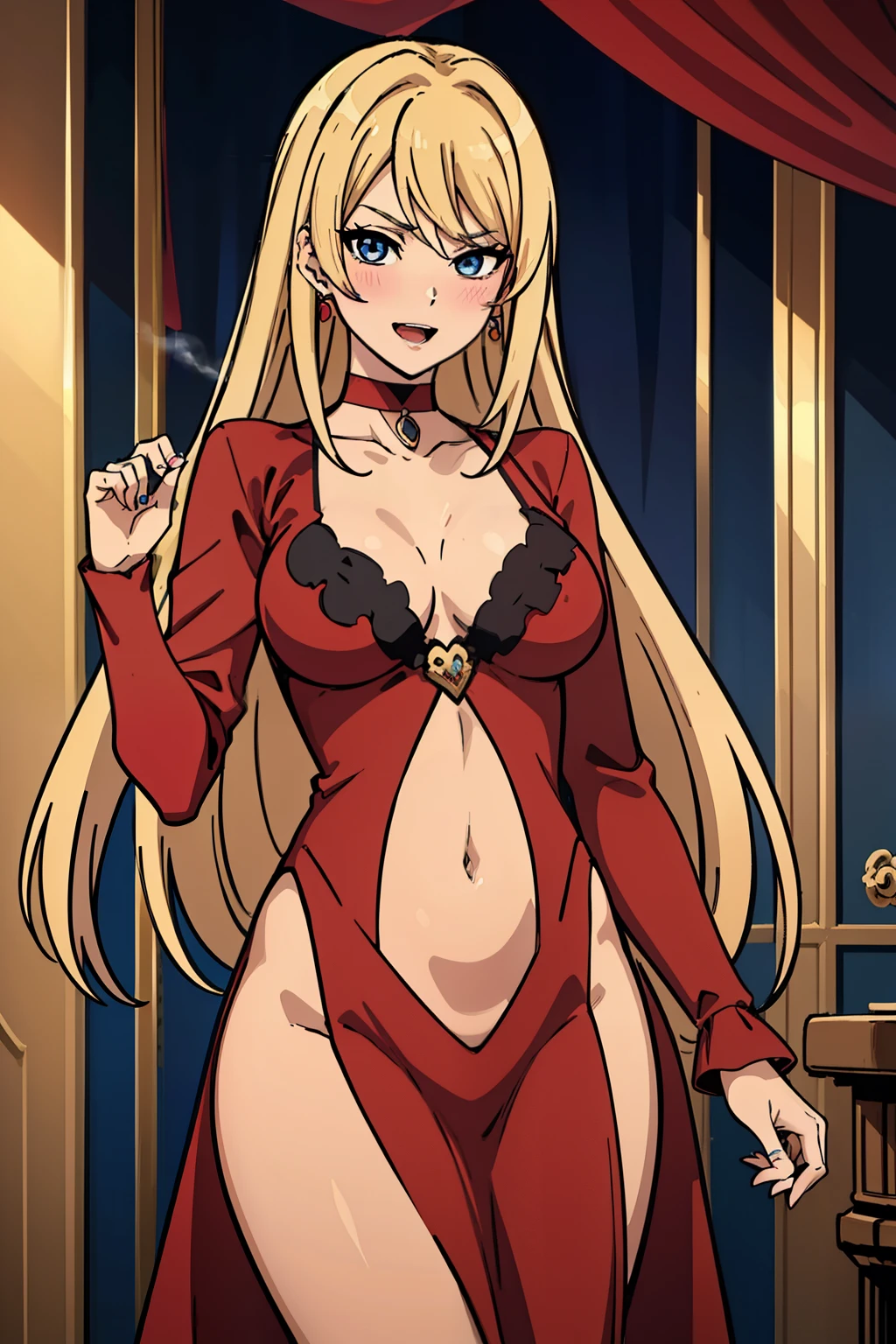 ,red choker, 
jewelry, necklace,
blonde hair, blue eyes, bangs, hair between eyes, long hair,
lipstick, blush, Hot girls, baddie, staring, glaring, bad attitude, mean girl, crazy, smoking, sensual, attractive, masterpiece, best quality, highly detailed, a anime girls in long dress with navel cutout posing for a
picture, evil smile, smile, open mouth, (nsfw) not safe for work, revealing dress, beautiful dress center
opening , long dress with bellybutton showing, ecchi anime style, anime girls, ecchi style, ecchi, digital
anime art!!, in anime style, official artwork, visual novel cg, beautiful anime girl, anime style 4 k, exposed
navel, exposed bellybutton, jewelry, earrings, complex detailed background, casino environment, fancy
interior environment, rich interior, 