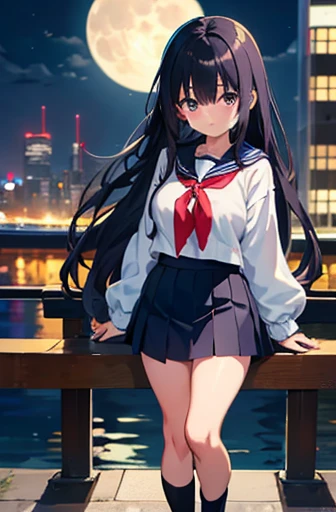 Shinjuku skyscraper district Full moon night Big Moon Elementary school girl 8-year-old Large Breasts Black Hair Long Hair The eyes are purple ((1 person)) Wear a cardigan over a white long-sleeved sailor uniform Navy blue mini skirt White panties White socks Sports boots Standing with the full moon behind ((White pantiesが見える)) from the front