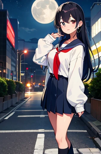 Shinjuku skyscraper district　Full moon night　Big Moon　Elementary school girl　8-year-old　Large Breasts　Black Hair　Long Hair　The eyes are purple　（（1 person））　Wear a cardigan over a white long-sleeved sailor uniform　Navy blue mini skirt　White panties　White socks　Sports boots　Standing with the full moon behind　（（White pantiesが見える））　from the front
