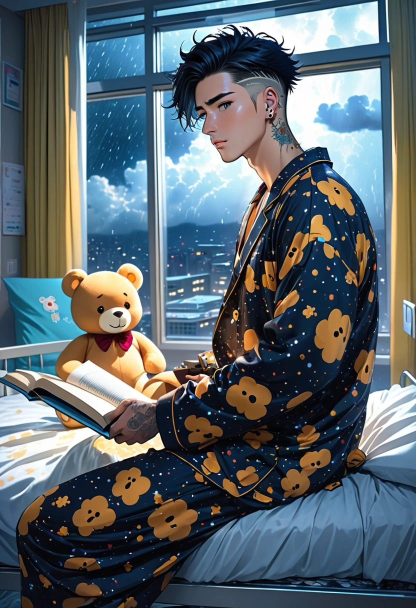 Handsome 25 year old anime male, falling a sleep atop his hospital bed/handsome male, face piercings, scars, short spiked black longish hair with a undercut, freckles, wearing honey bear print pajamas, luxurious futuristic expensive hospital room, a book sits to the side , night time, storm raging outside window