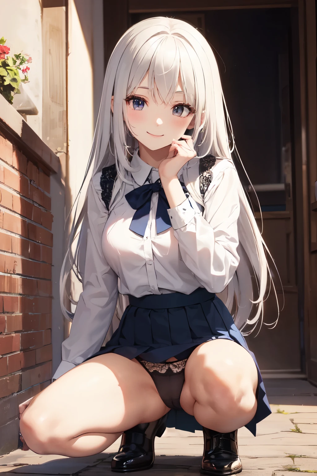 very cute and beautiful girl,(Very detailed美しい顔), (smile),blush,Black Hair,Seraphim,((White Hair、long hair)),(White Shirt、Pleated navy blue pread your legs、Squat)、Sitting、(From below)、(Lace panties), Country road, (Highest quality,masterpiece:1.0),Absurd,High resolution,Super detailed,Very detailed,32K,8k resolution, Intricate details,Movie Scenes,Detailed Background,alone,Dynamic Angle,