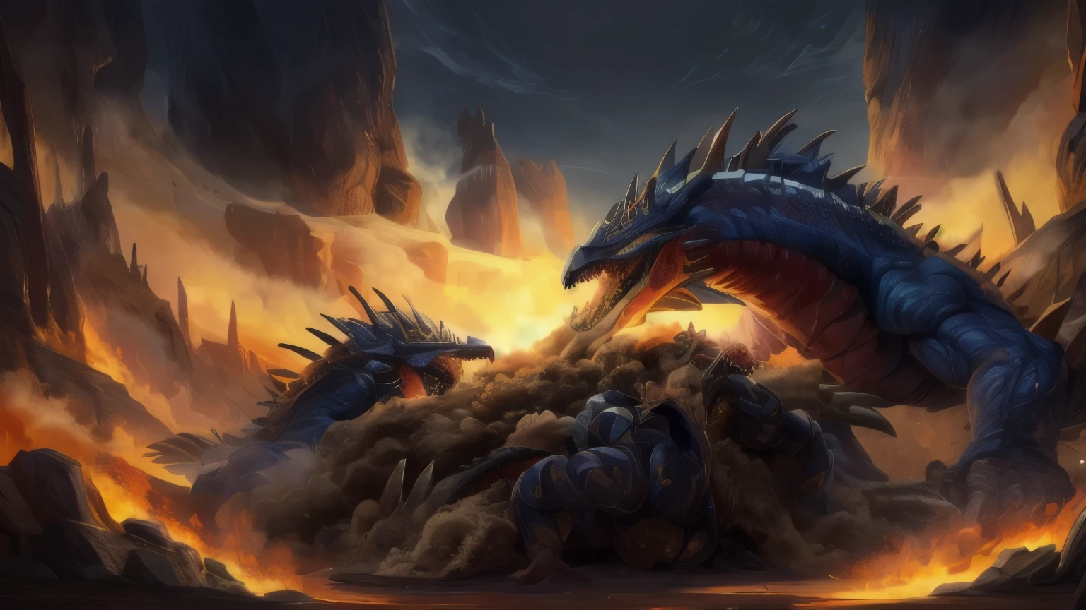 ((best quality)), ((masterpiece)), (detailed), A digital illustration of multiple monsters getting crushed due to a poisonous gas with heavy dust in the background