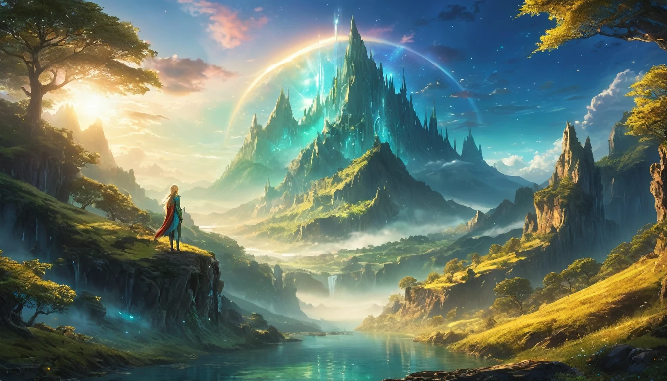 (anime, fantasy, eyes on me), (best quality, highres, HDR:1.2), vibrant colors, mysterious atmosphere, elven encryption, horizon, otherworldly, ethereal beauty, general shot, ethereal light, fantastical landscapes
