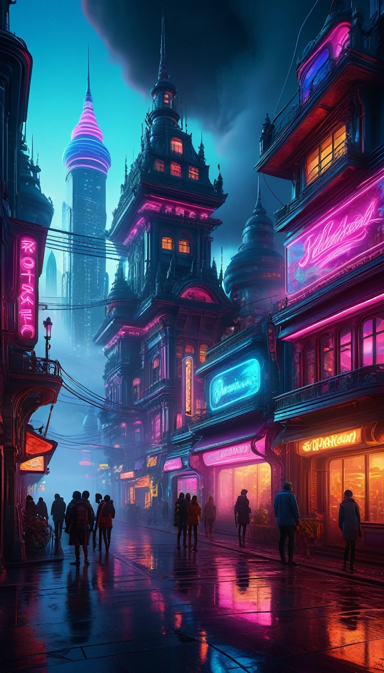 a world of imagination, From whimsical illustrations to futuristic cityscapes, intricate fantasy architecture, dramatic lighting, cinematic composition, glowing neon, surreal atmosphere, vibrant colors, volumetric fog, hyper-detailed, cinematic lighting, photorealistic, award-winning concept art, highly detailed, matte painting, masterpiece, 4k, 8k, high resolution, best quality