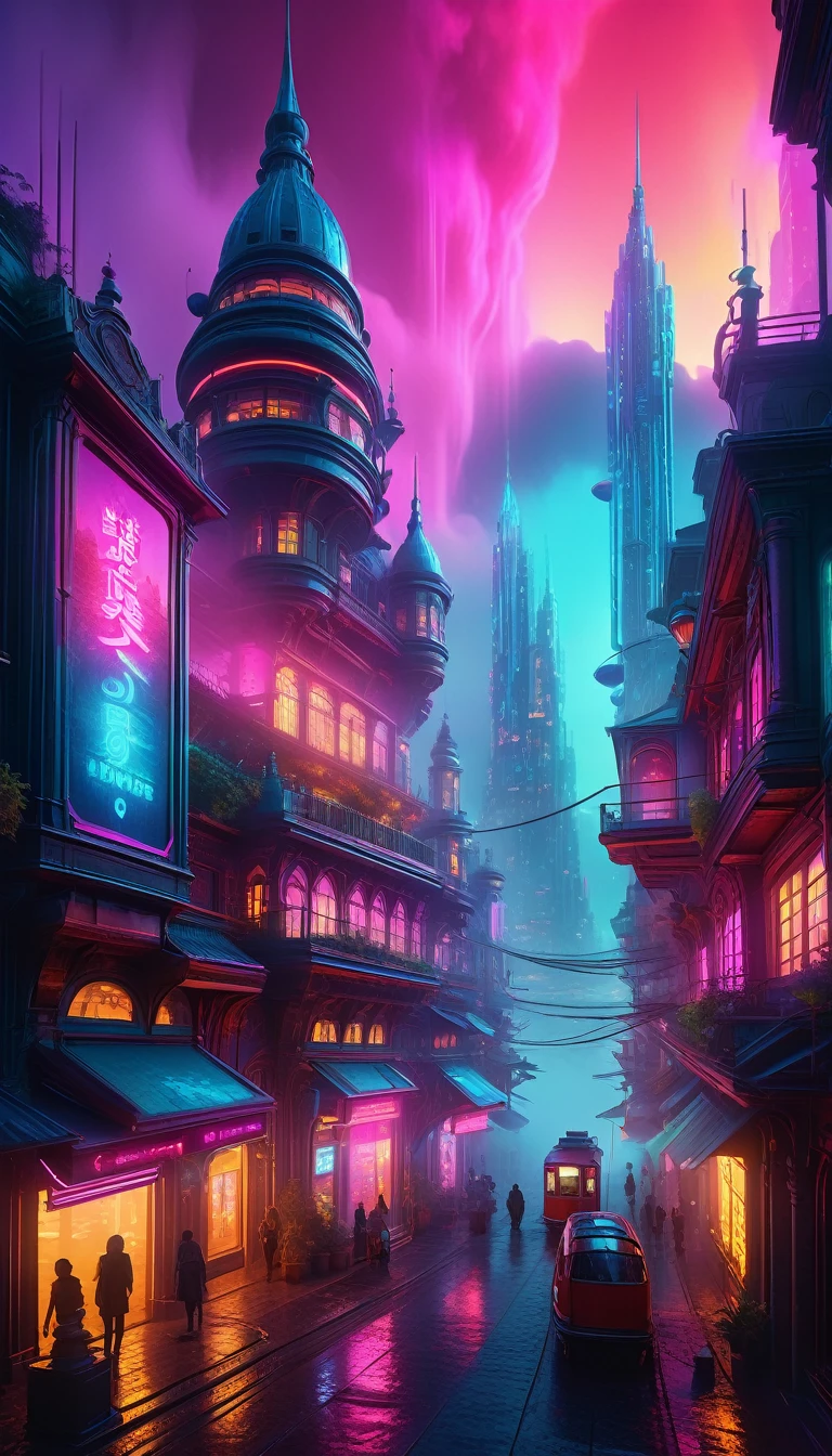 a world of imagination, From whimsical illustrations to futuristic cityscapes, intricate fantasy architecture, dramatic lighting, cinematic composition, glowing neon, surreal atmosphere, vibrant colors, volumetric fog, hyper-detailed, cinematic lighting, photorealistic, award-winning concept art, highly detailed, matte painting, masterpiece, 4k, 8k, high resolution, best quality