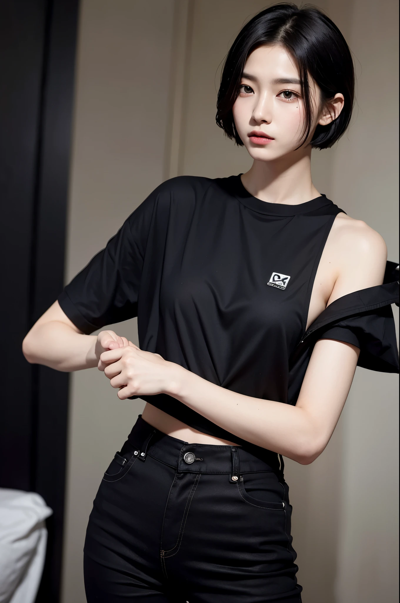 8k、alone、A 16-year-old androgynous beauty,Super Beauty(Like the real thing),Iris,super beautiful teenager,Black short bob hair,黒と赤のSexy Exterior,Black trousers(Devil&#39;s Crest),Golden decoration,長くて大きなJapanese sword,Demon Slayer: Androgynous Beauty,What&#39;s left behind,A wonderful work of art、Wind effects:1.9、Cloud Effect:1.2、Full Rendering、Caustic soda coating、Unreal Engine、Japanese sword 1本,Innocent look,Cool androgynous beauty,Ultra-high resolution,super 超Realistic Skin,Ultra-precise hand-crafted detailing,１Japanese sword,smile,Photorealistic RAW photos of the highest quality。Backlight, Cinema Lighting, Film Grain, to be born, 50mm lens, Nikon D850,Realistic Skin,Fantasy art,Character Art,Ultra-high resolution,Muscular and slim body,Muscular and lean lower body,Precise facial details,What&#39;s left behind,Perfect hands,Cool sexy beauty,landscape,A lot of thick red smoke(largely),Ultra-realistic smoke,Extremely ripped abs,Muscular Beauty,Very large breasts,Sexy Exterior,Wide open chest,