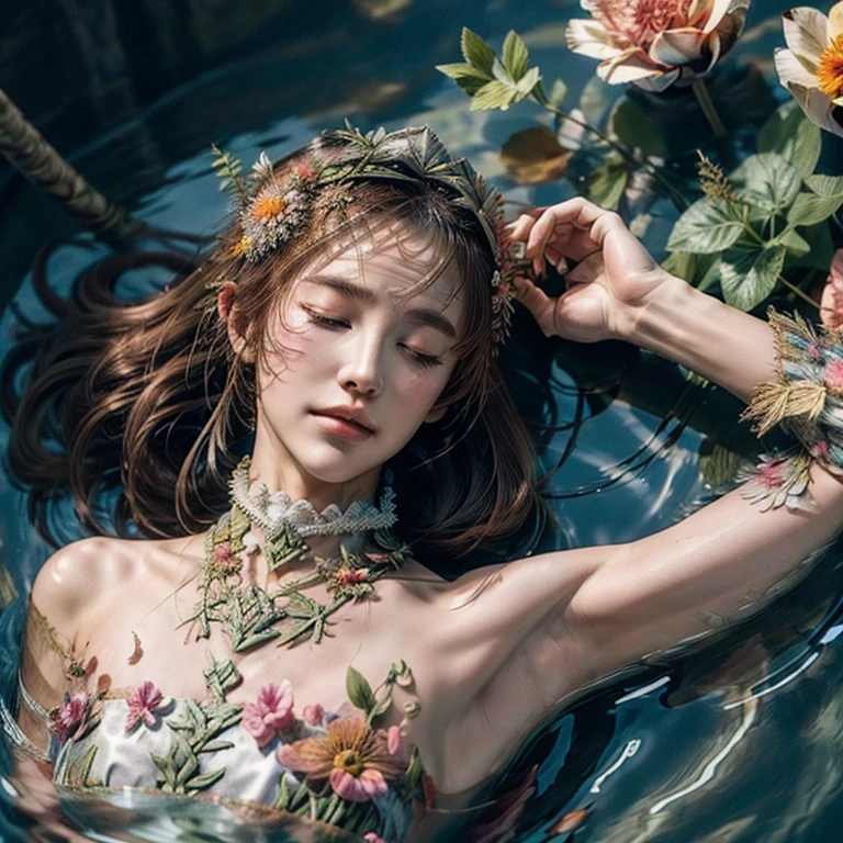 ((Ultra-Detailed (Ophelia:1.37))) with closed eyes, expressionless, lying on her back, (((Whole Body submerged, Only Upper Face above water Surface))) in a Pond, surrounded by petals, flowers, (((Extremely Detailed Stunning Face))) Sparkling Water , water flow, ((Details of under water White Delicate Dress))