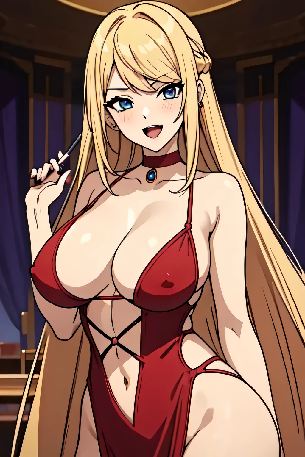 ,red choker,
jewelry, necklace,
blonde hair, blue eyes, bangs, hair between eyes, long hair,
lipstick, blush, Hot girls, baddie, staring, glaring, bad attitude, mean girl, crazy, smoking, sensual, attractive, masterpiece, best quality, highly detailed, a anime girls in long dress with navel cutout posing for a
picture, evil smile, smile, open mouth, (nsfw) not safe for work, revealing dress, beautiful dress center
opening , long dress with bellybutton showing, ecchi anime style, anime girls, ecchi style, ecchi, digital
anime art!!, in anime style, official artwork, visual novel cg, beautiful anime girl, anime style 4 k, exposed
navel, exposed bellybutton, jewelry, earrings, complex detailed background, casino environment, fancy
interior environment, rich interior,