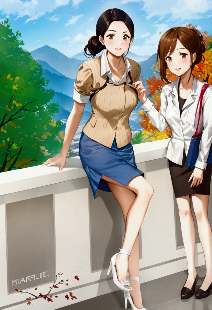 two office women hanging out together at balcony, autumn scenery (2girl, full body), (masterpiece, best quality)