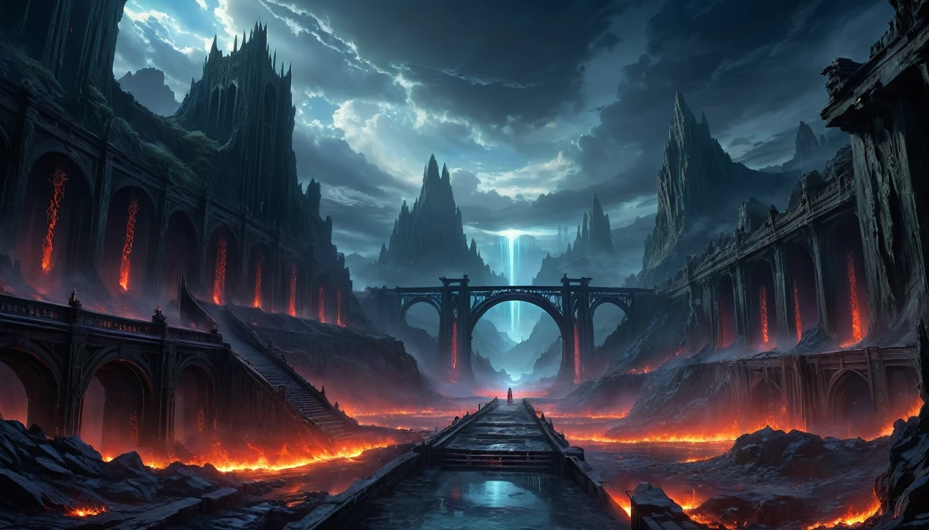 (anime, fantasy, hell gate), (masterpiece, best quality, highres, HDR:1.2), hellish world, ominous atmosphere, underworld, haunting and mesmerizing, horrifyingly enchanting, ethereal beauty, unsettling, underworld, general shot, ethereal light, fantastical landscapes